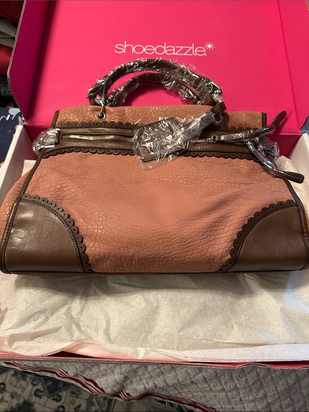 Shoe Dazzle Pink and Brown Scalloped-Trim Satchel
